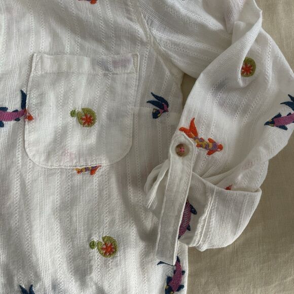 Anthropologie Maeve Embroidered Koi Fish White Button Down Rolltab Sleeves 4 - Picture 6 of 11